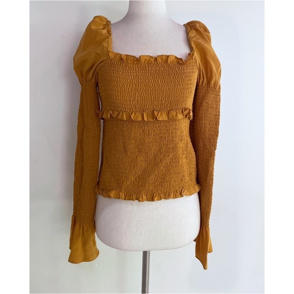 EUC Cinq a Sept 100% Silk Ellis Puff Shoulder Smocked Marigold Yellow Blouse XS‍ - Picture 2 of 11